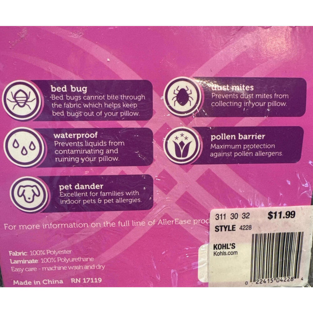 AllerEase Allergy Bedbug Protection Zipper Pillow Protector Standard Queen 20x28 - Picture 2 of 2